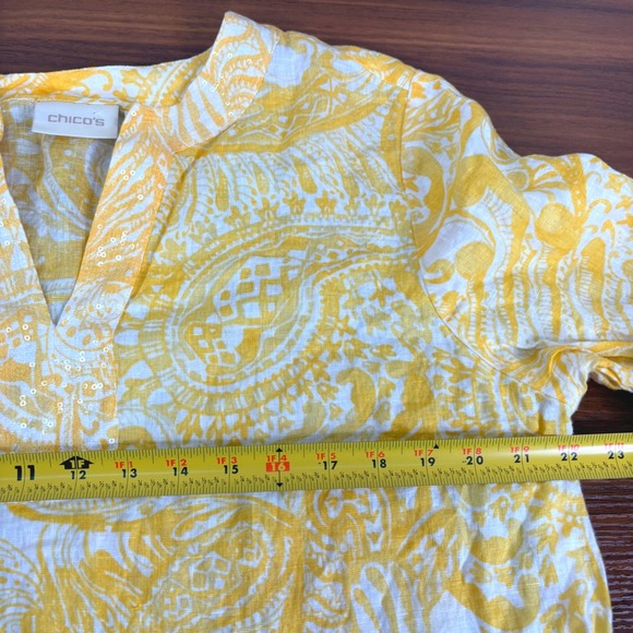 Chicos Linen Tunic Top Yellow White Paisley Print Sequins V Neck‎ Size 3/US 16 - Picture 11 of 14